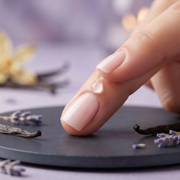 A close-up view of a serum being applied to the base of a fingernail, highlighting cuticle care and nail health in a soft lil